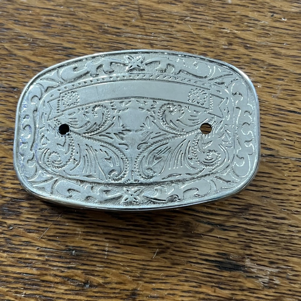 VTG Made in USA Western BeltBuckle Silver Tone Floral Engravable Oval Banner B15